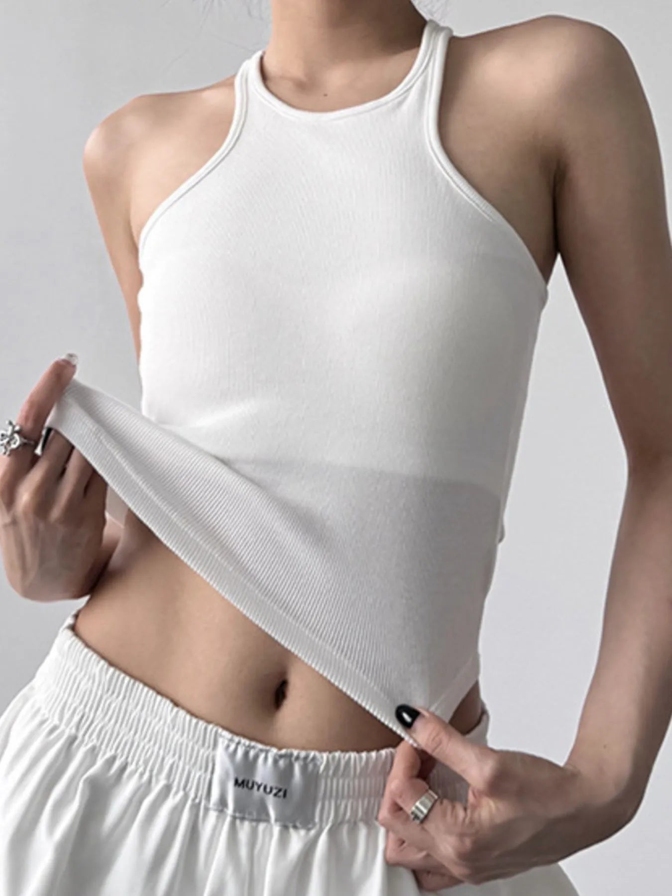 Ribbed Round Neck Crop Tank Top White One Size
