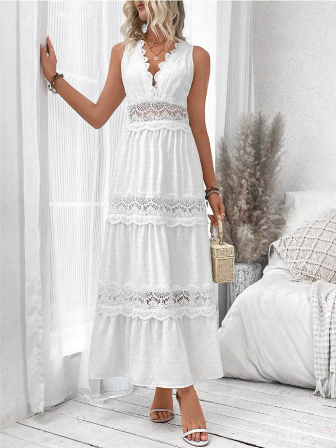 Full Size Lace Detail Tie Back Sleeveless Tiered Dress Plus Size