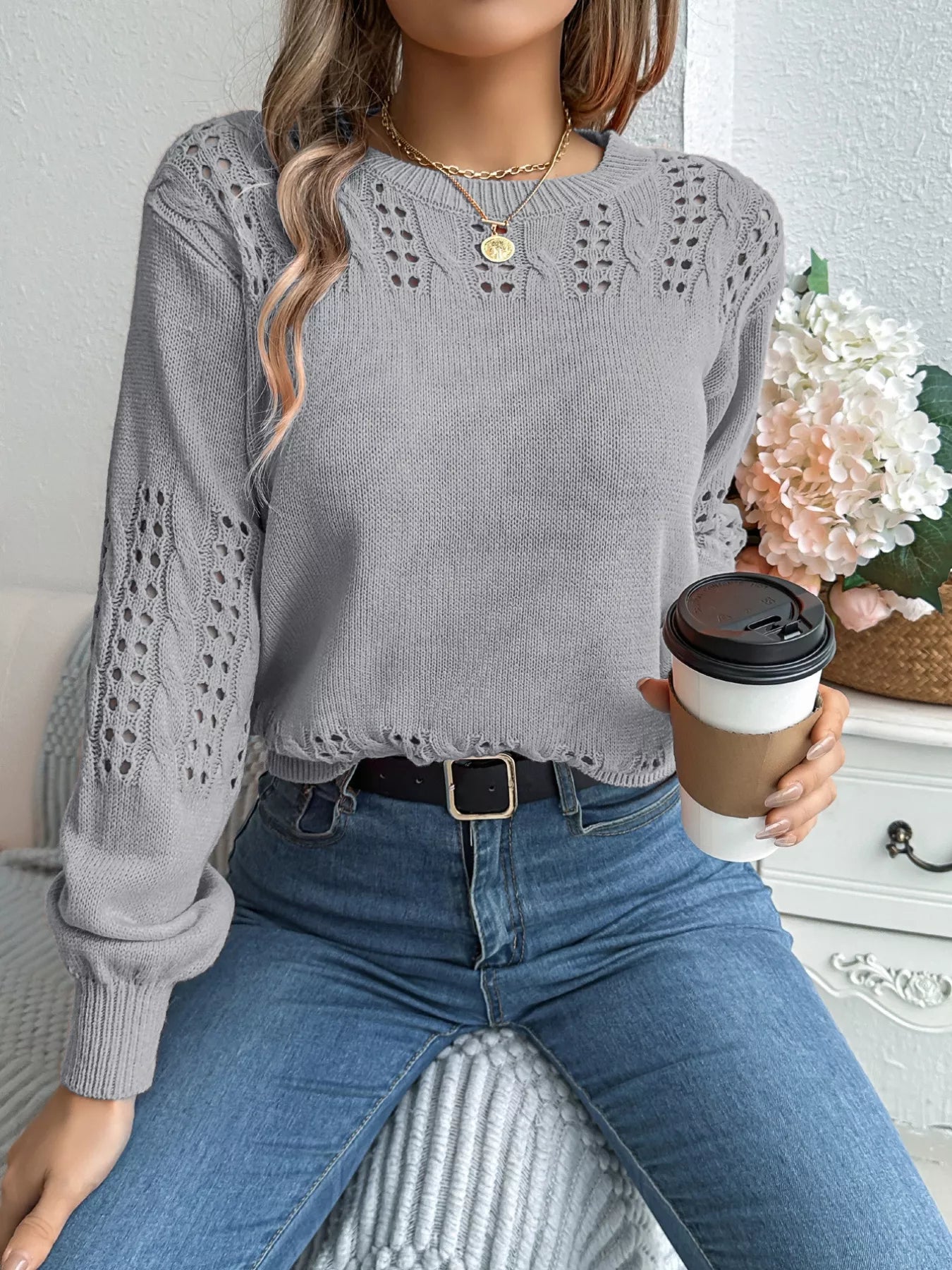 Hollow Out Eyelet Long Sleeve Sweater