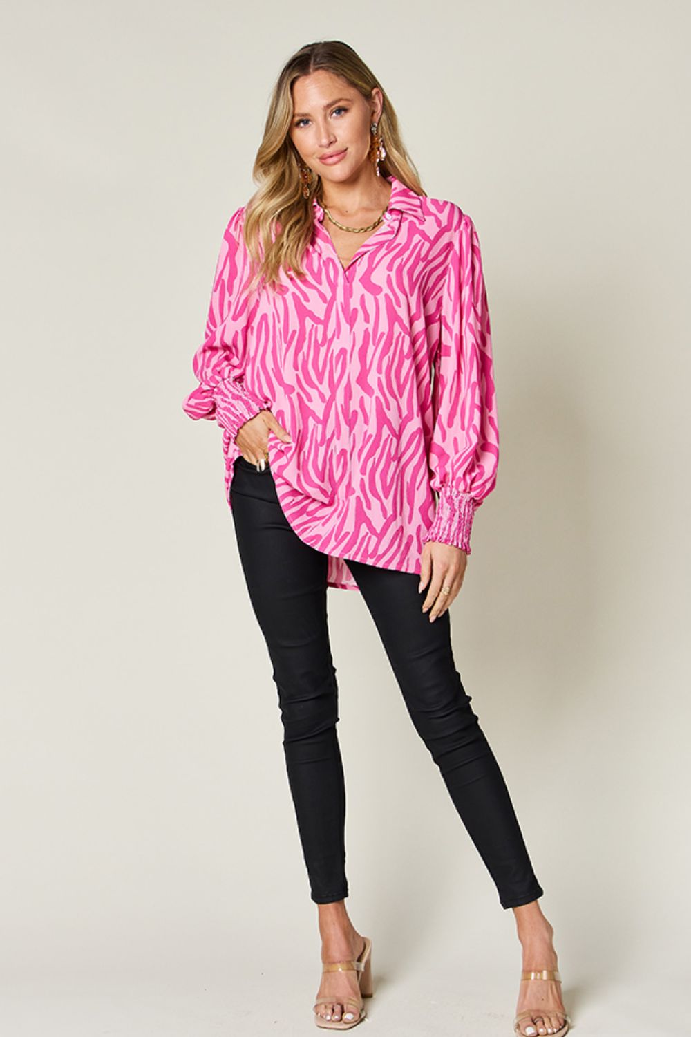 Smocked Long Sleeve Top with Alluring Print