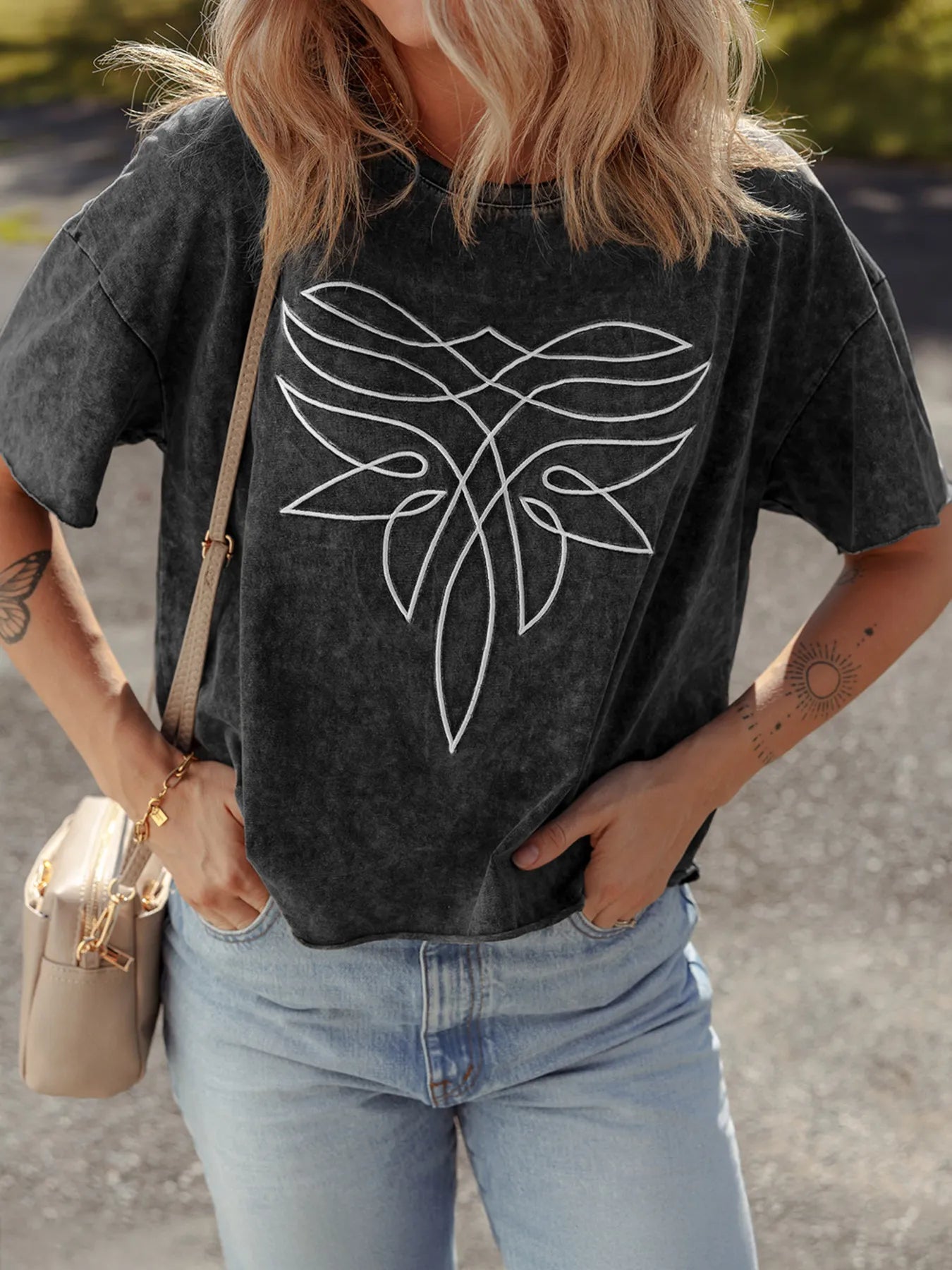 Floral Embroidered Mineral Wash Crew Neck T Shirt Black