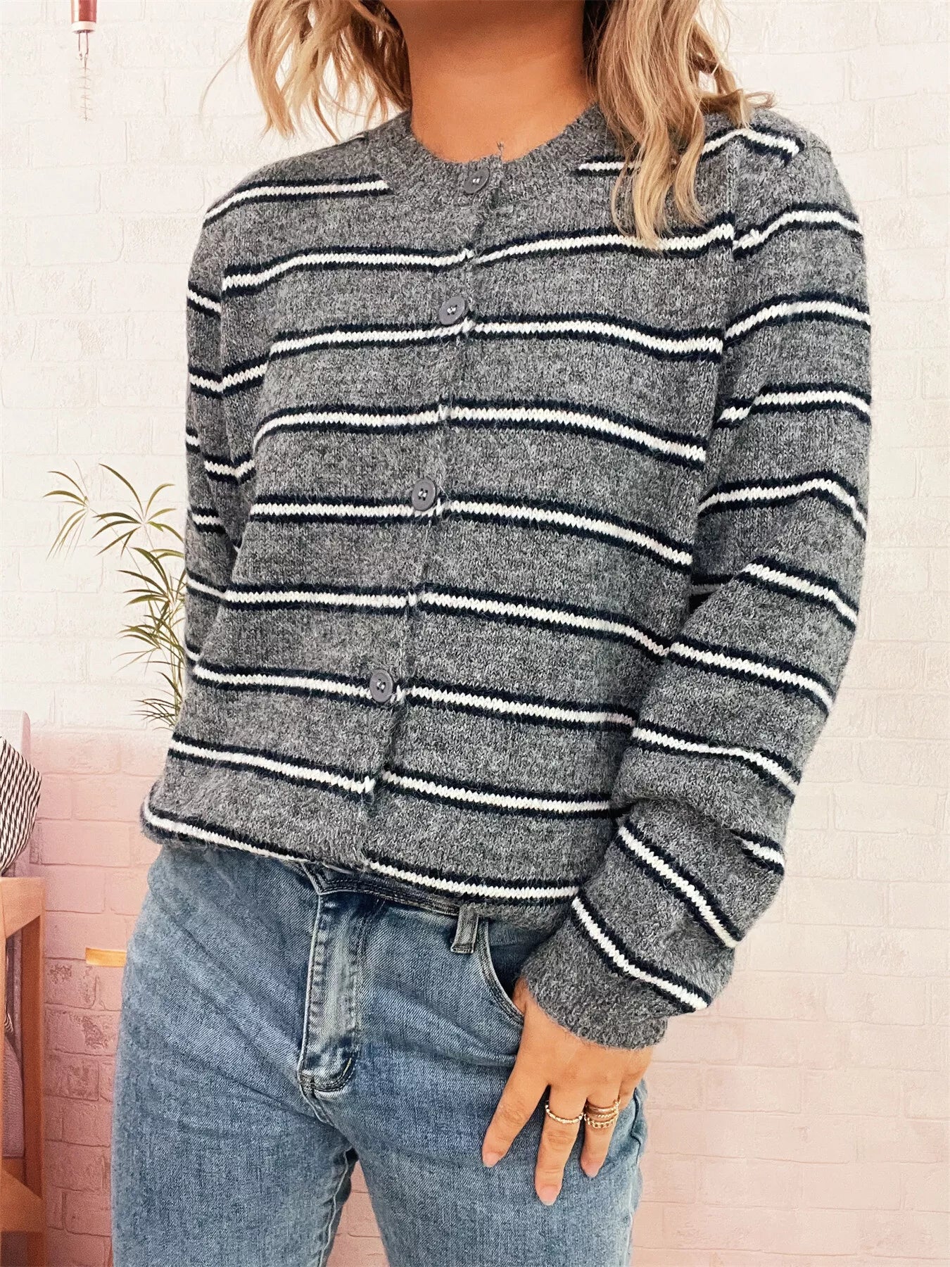 Striped Button-Up Long Sleeve Cardigan