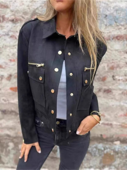 Full Size Snap Down Long Sleeve Jacket Plus Size Black