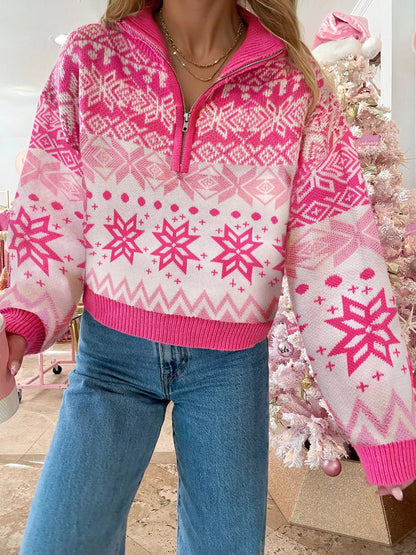 Christmas Snowflake Quarter Zip Collard Sweater Strawberry