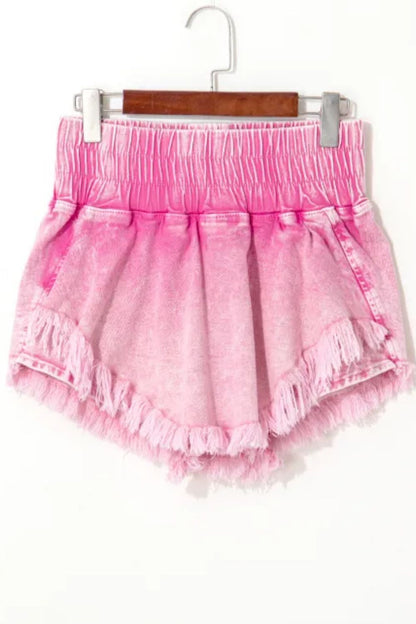Washed Wide Smocked Waistband Frayed Denim Shorts