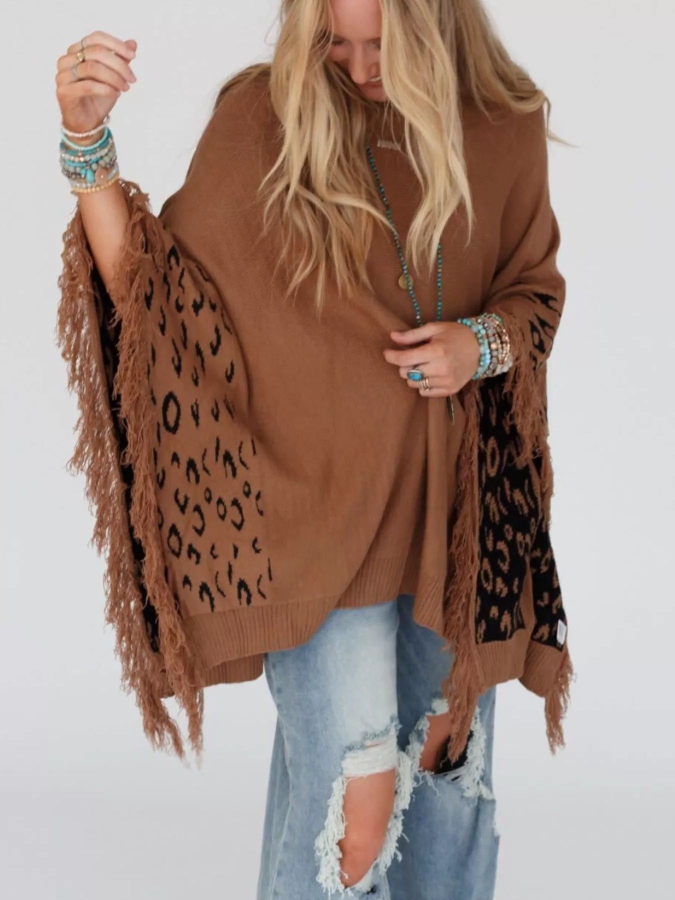 Fringe Leopard Mock Neck Batwing Sleeve Knit Top