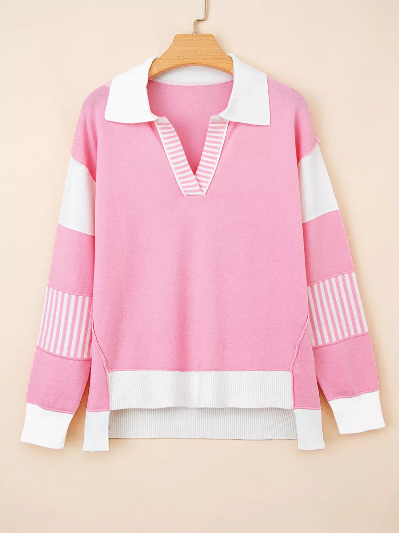 Contrasting Polo Collar Color Block Knit Drop Shoulder Sweater