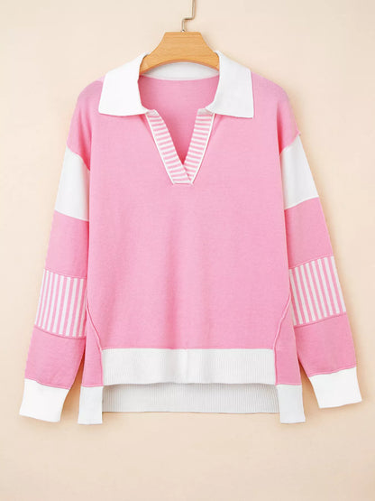 Contrasting Polo Collar Color Block Knit Drop Shoulder Sweater