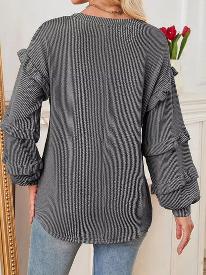 Round Neck Ruffled Long Sleeve Sweatshirt
