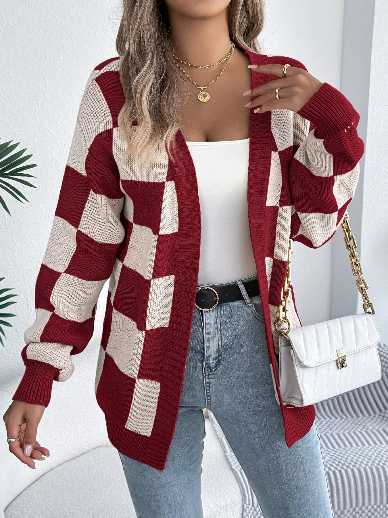 Checkered Pattern Open Front Cardigan Burgundy