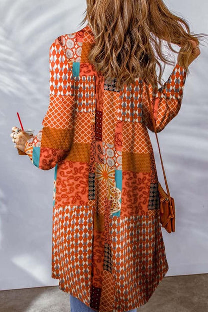 Printed Button Up Long Sleeve Cardigan Ochre