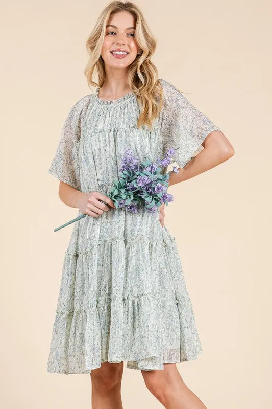 Lime 'N' Chili Ditsy Floral Print Sheer Ruffle Detail Mini Dress