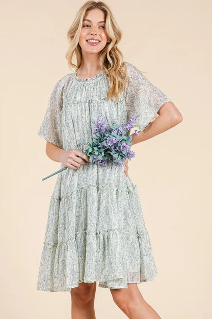 Lime 'N' Chili Ditsy Floral Print Sheer Ruffle Detail Mini Dress