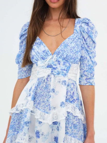 Ruffled Floral Print Half Sleeve Dress