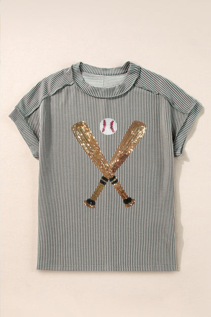 Sequin Baseball Shirt - Sequin Baseball Round Neck Short Sleeve T-Shirt