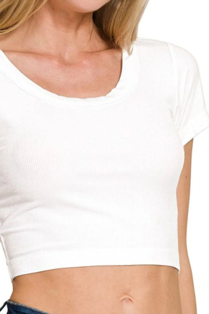 Zenana Ribbed Scoop Neck Crop Short Sleeve Top