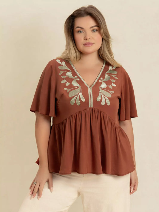 Plus Size Embroidered V-Neck Flutter Sleeve Blouse Caramel