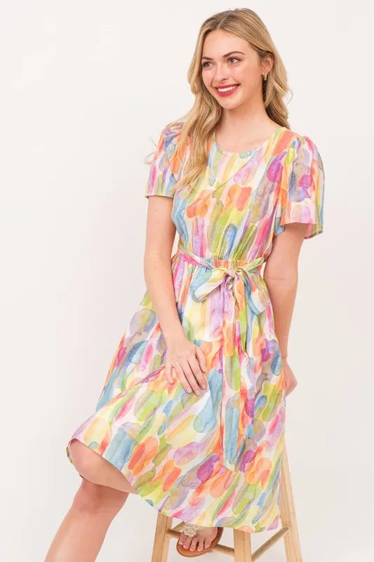 Lime 'N' Chili Watercolor Print Tie Front Midi Dress