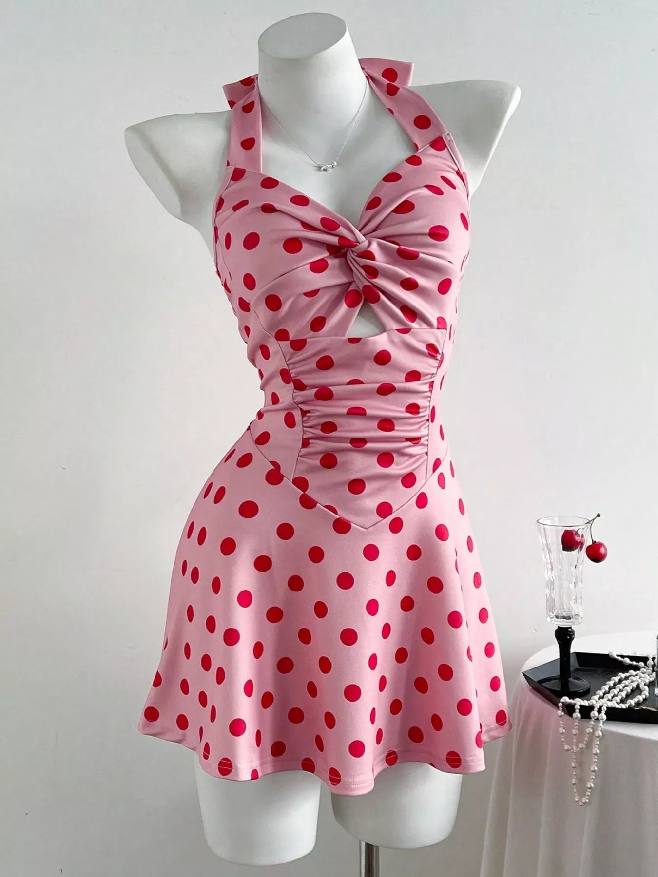 Polka Dot Halter Neck Twisted Front Mini Dress