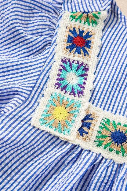 Stripe Textured Ruffle Short Sleeve Boho Detail Square Neck Blouse