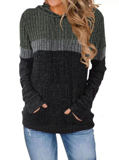 Full Size Color Block Ribbed Knit Hoodie Plus Size Army Green