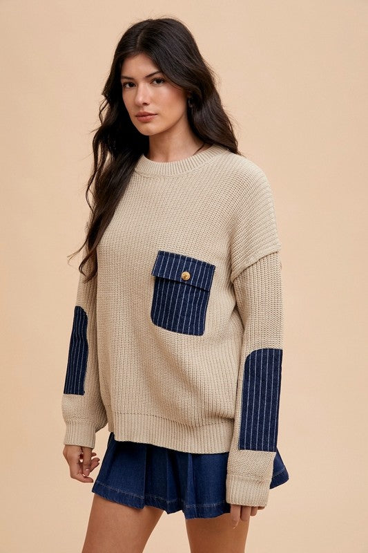 Back To School Sweater - Annie Wear Contrast Round Neck Drop Shoulder Sweater with Patch Pocket