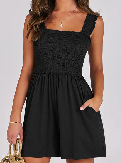 Smocked Square Neck Summer Romper Black