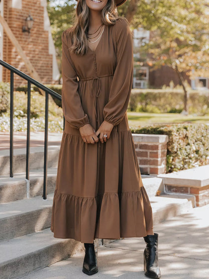V-Neck Balloon Sleeve Tiered Dress