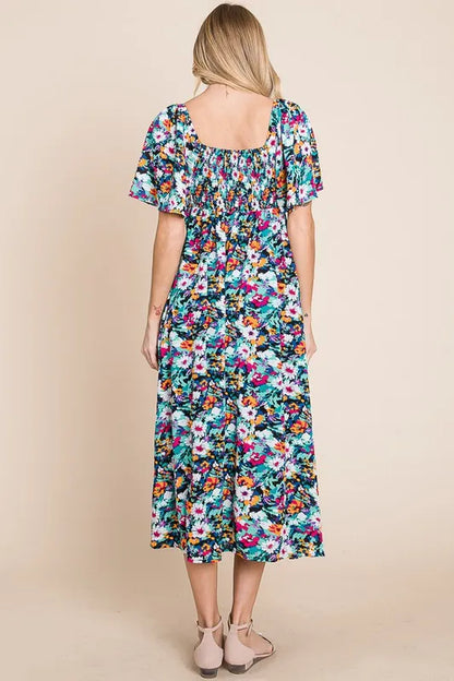 Lime 'N' Chili Floral Print Sweetheart Neck Tie Front Midi Dress