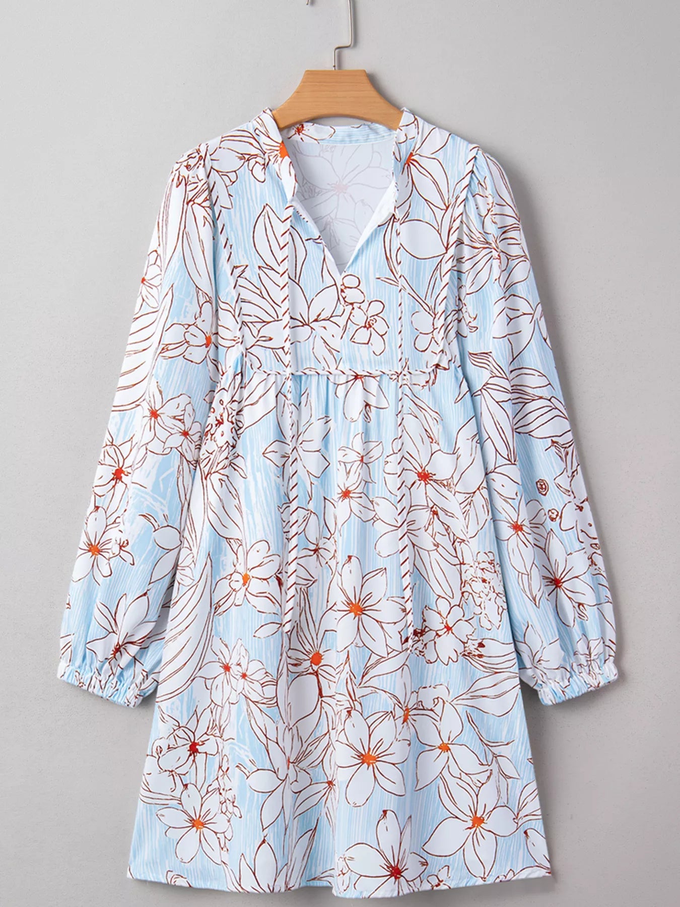Floral Print Tie Neck Long Sleeve Mini Dress