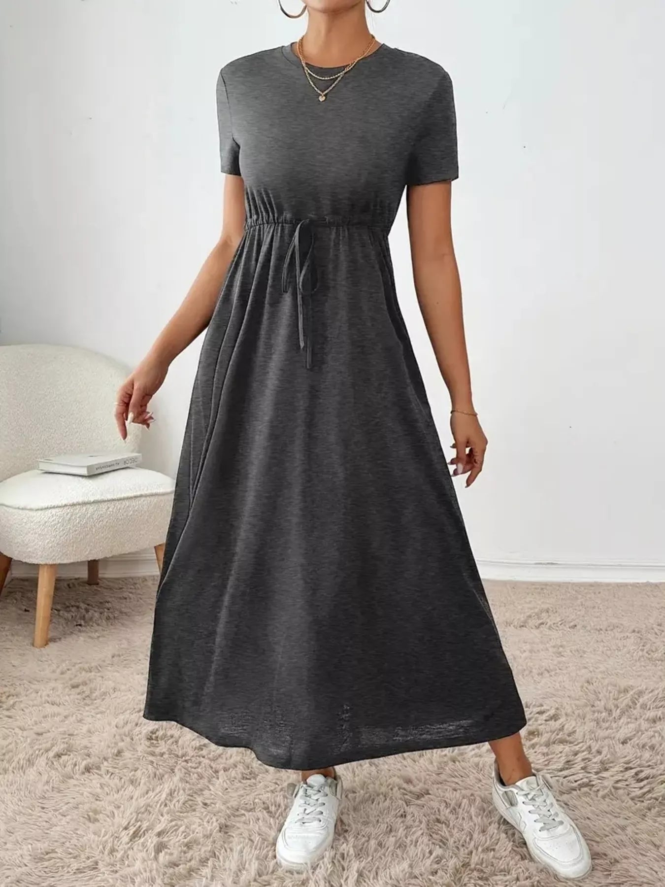 Casual Drawstring Waist Short Sleeve Tee Dress