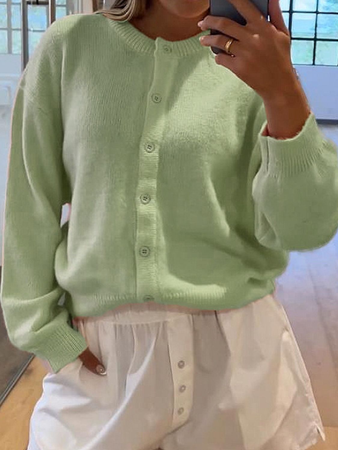 Button Down Long Sleeve Cardigan Light Green