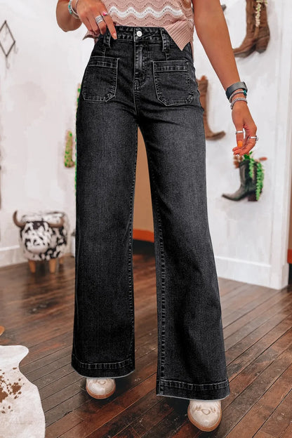 Wide Leg Pocketed High Waist Jeans Black