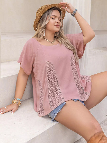 Plus Size Lace Detail Round Neck Short Sleeve T-Shirt