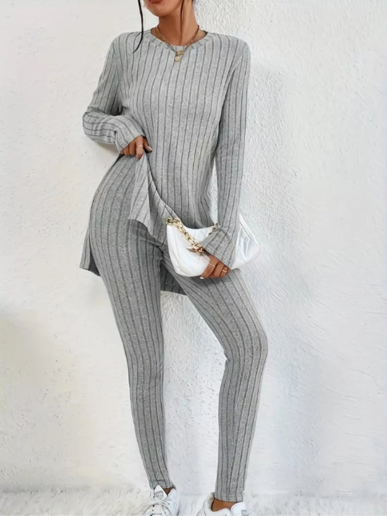 Side Slit Ribbed Top and Pants Set