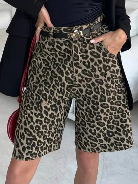 Leopard Print High-Waisted Casual Shorts Brown