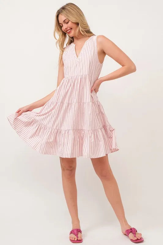 Lime 'N' Chili Striped Sleeveless V-Neck Tiered Dress PINK
