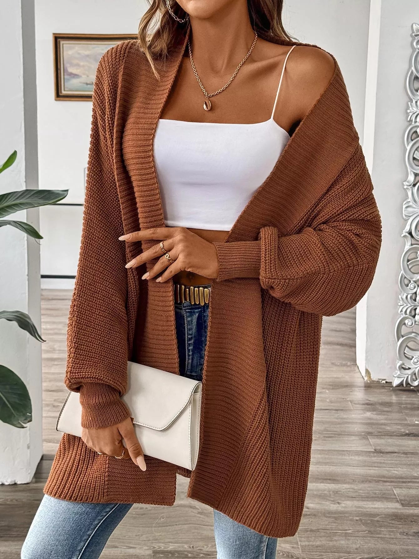 Open Front Ribbed Knit Cardigan