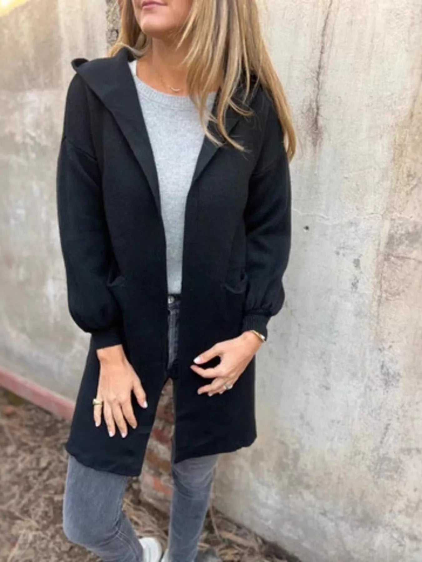 Full Size Open Front Hooded Cardigan Plus Size Black