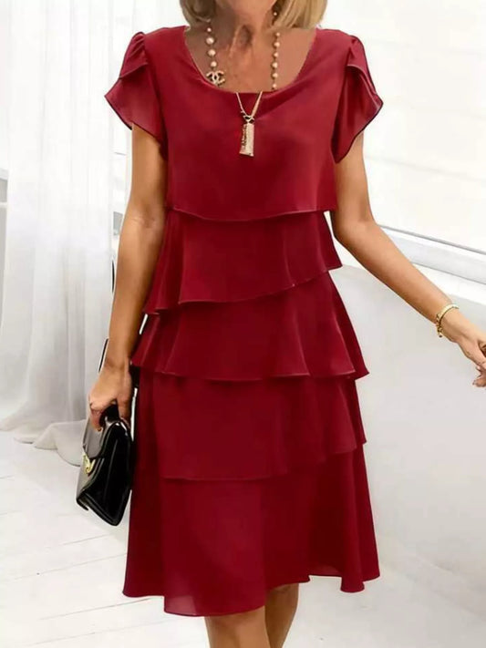 Full Size Ruffled Layered Petal Sleeve Dress Plus Size Burgundy