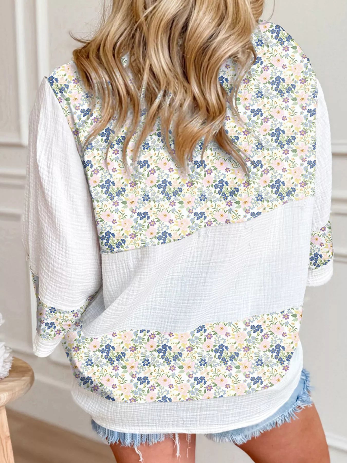 Floral Print Henley Button 3/4 Sleeve Blouse
