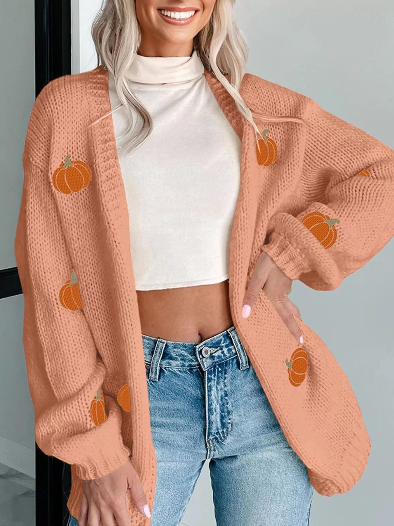 Pumpkin Tree Print Open Front Drop Shoulder Midi Cardigan