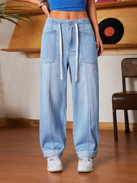 Drawstring Wide Leg Jeans Light Blue