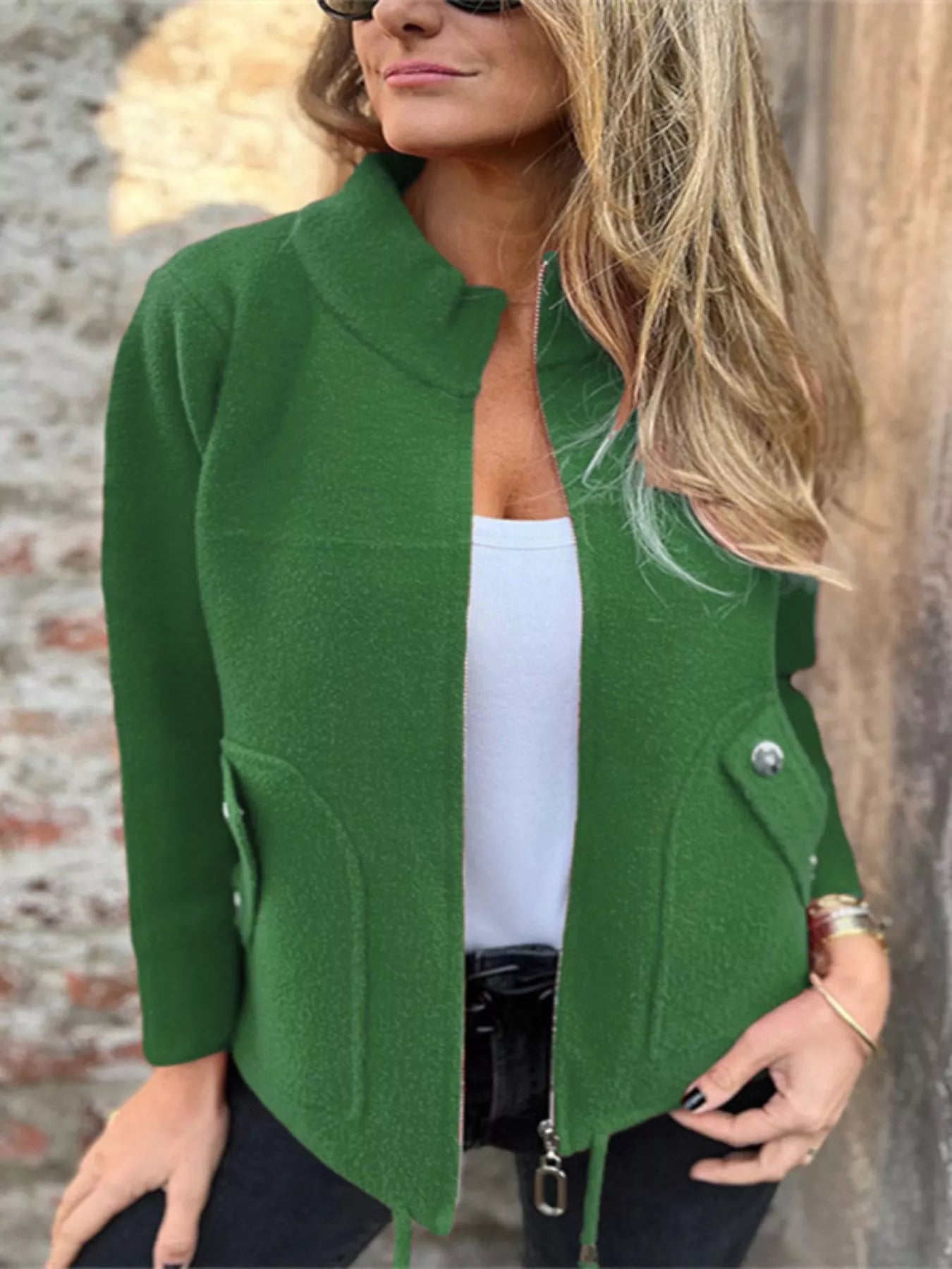 Full Size Zip-Up Long Sleeve Outerwear Plus Size Green