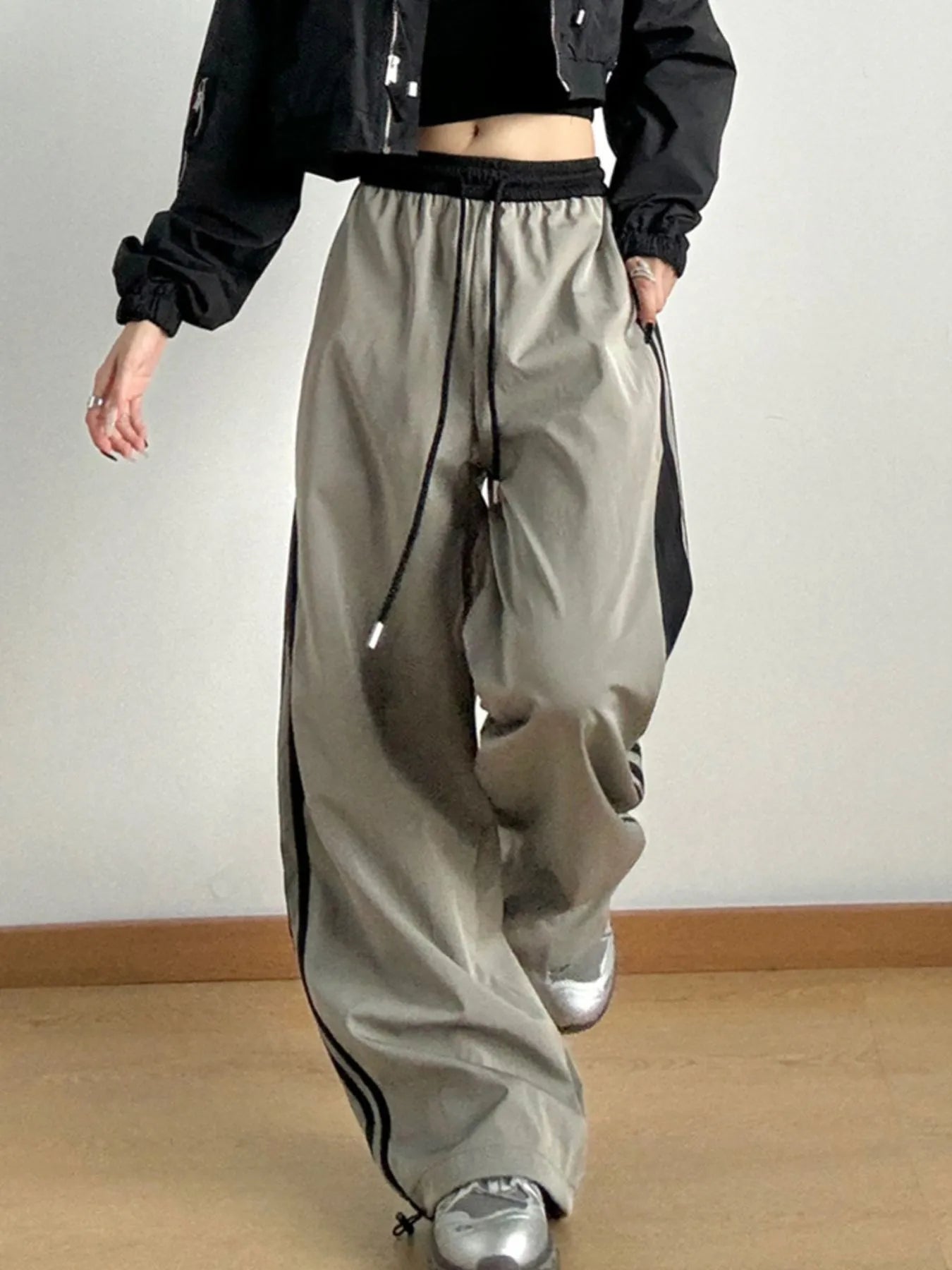 Striped Wide Leg Drawstring Pants Mocha