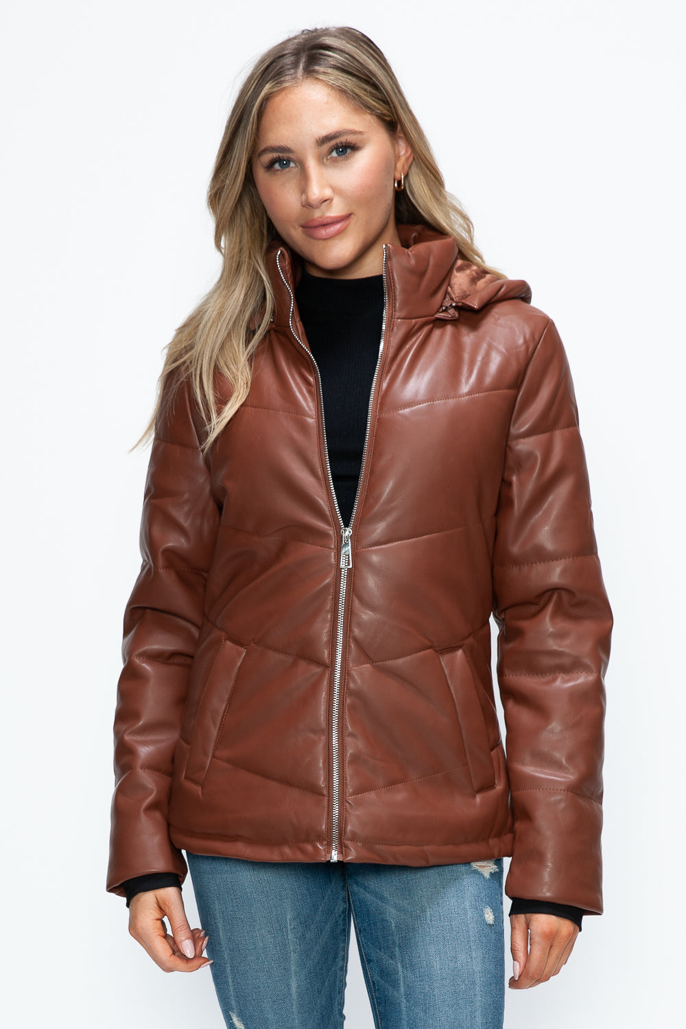 How Dare U Pocketed Zip Up Puffer Jacket with Removable Hood Brandy