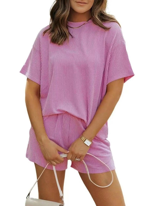 Full Size Ribbed Short Sleeve Top and Shorts Two-Piece Set Plus Size Purple