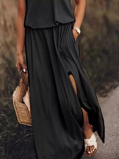 Full Size Round Neck Sleeveless Slit Maxi Dress Plus Size
