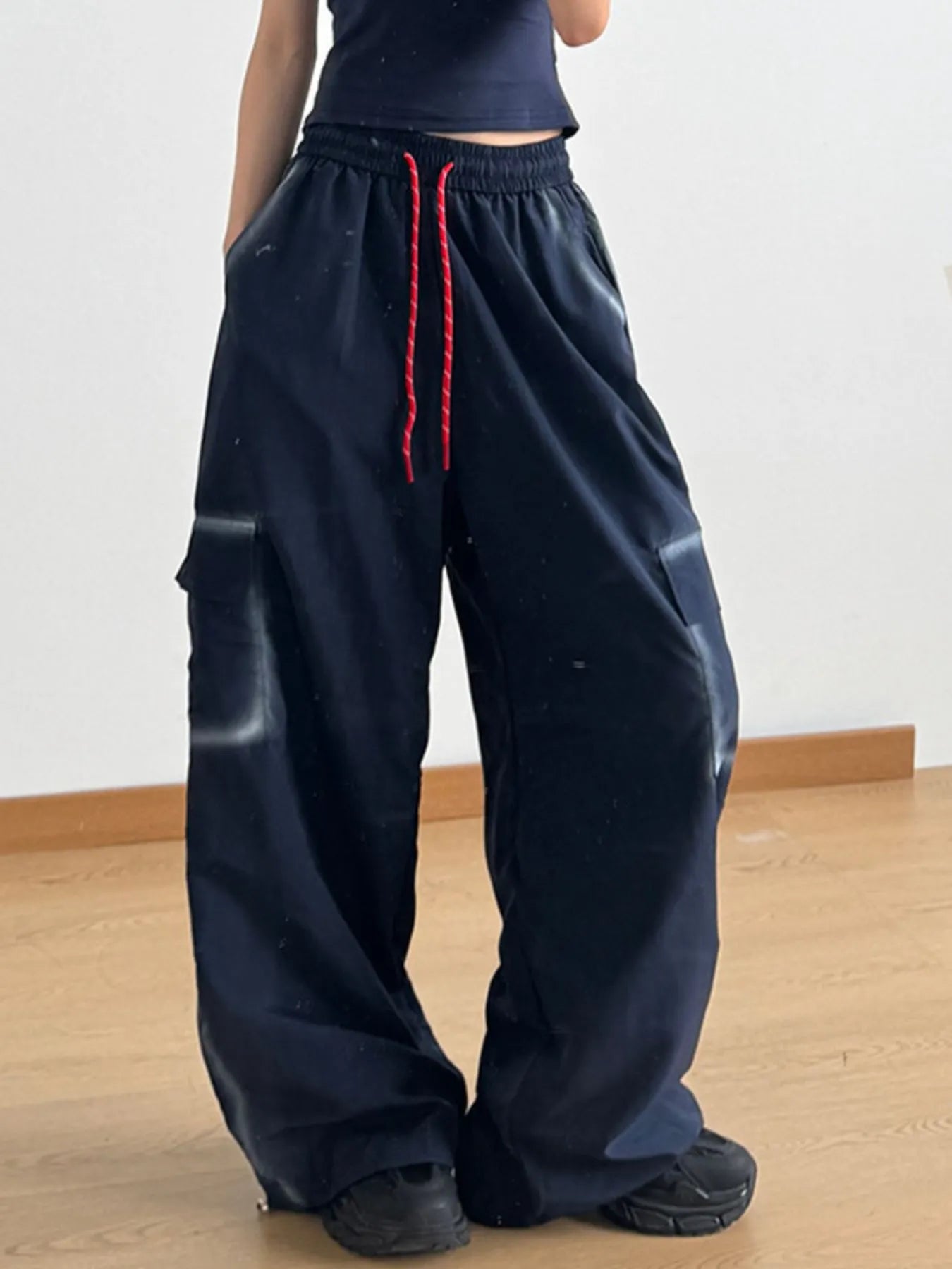 Drawstring Wide Leg Pants Navy Blue