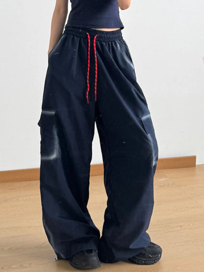 Drawstring Wide Leg Pants Navy Blue